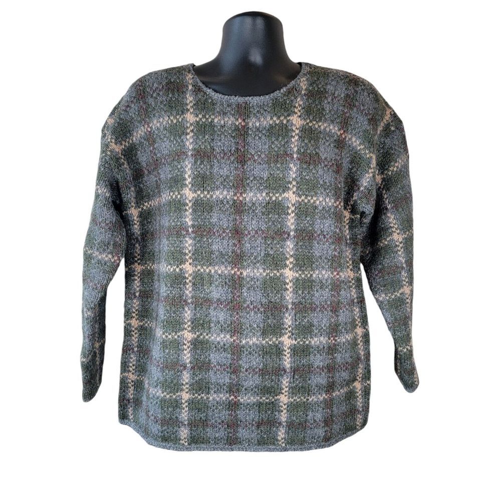 VTG Tweeds Mens Size Medium 100% Wool Pullover Green Gray Plaid Crewneck Sweater
